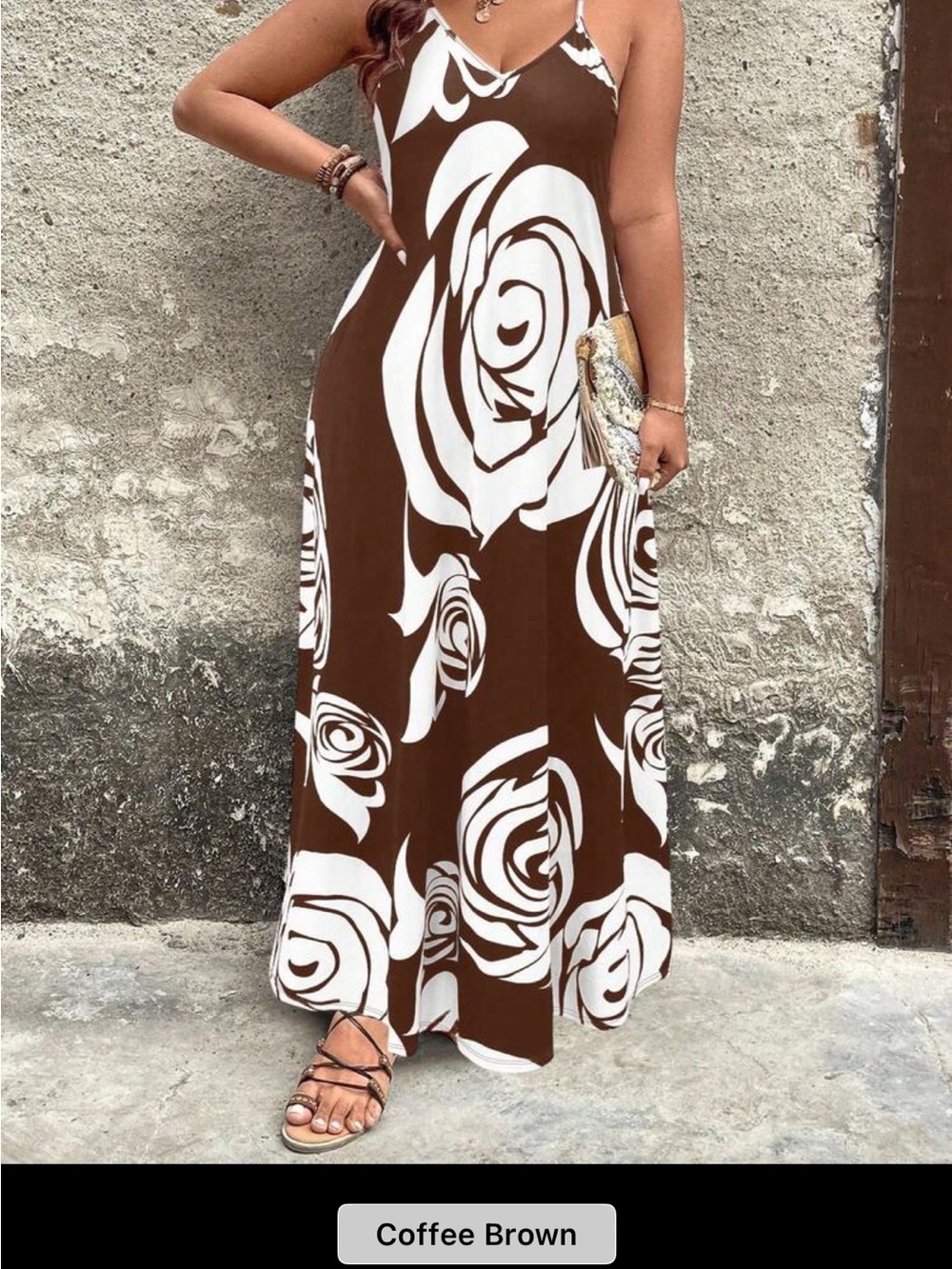 SHEIN Coffee Brown & White Floral Spaghetti Strap Maxi Dress